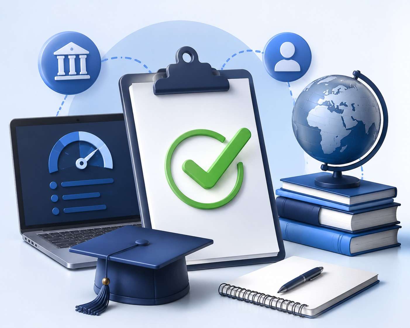 ESCP MiM GMAT Focus Edition acceptance concept illustrated with an education checklist, laptop score dashboard, graduation cap, books, globe and approval symbols representing business school test requirements.